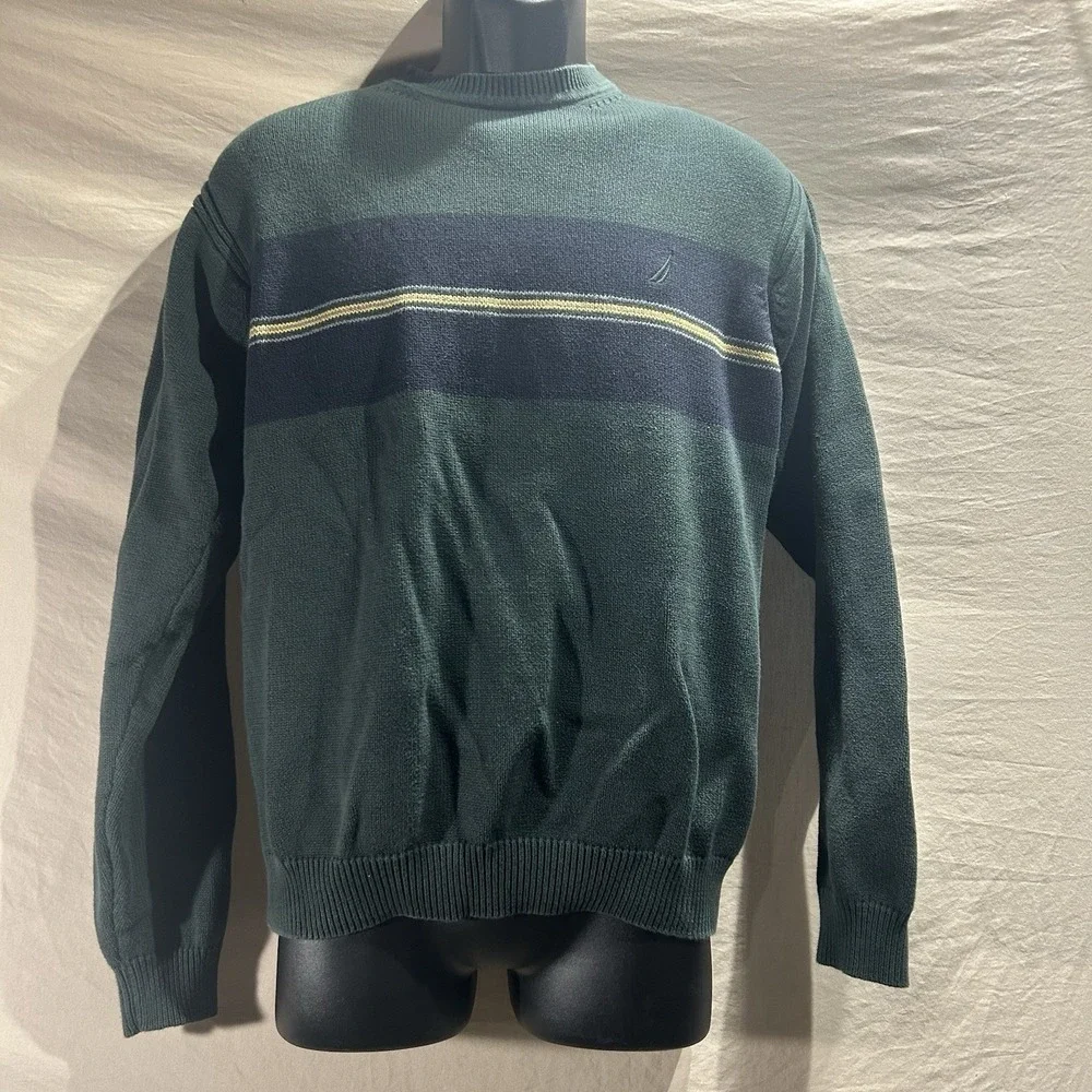 Nautica Men Medium Green Striped Crewneck Sweater Cotton J-Class Preppy Pullover
